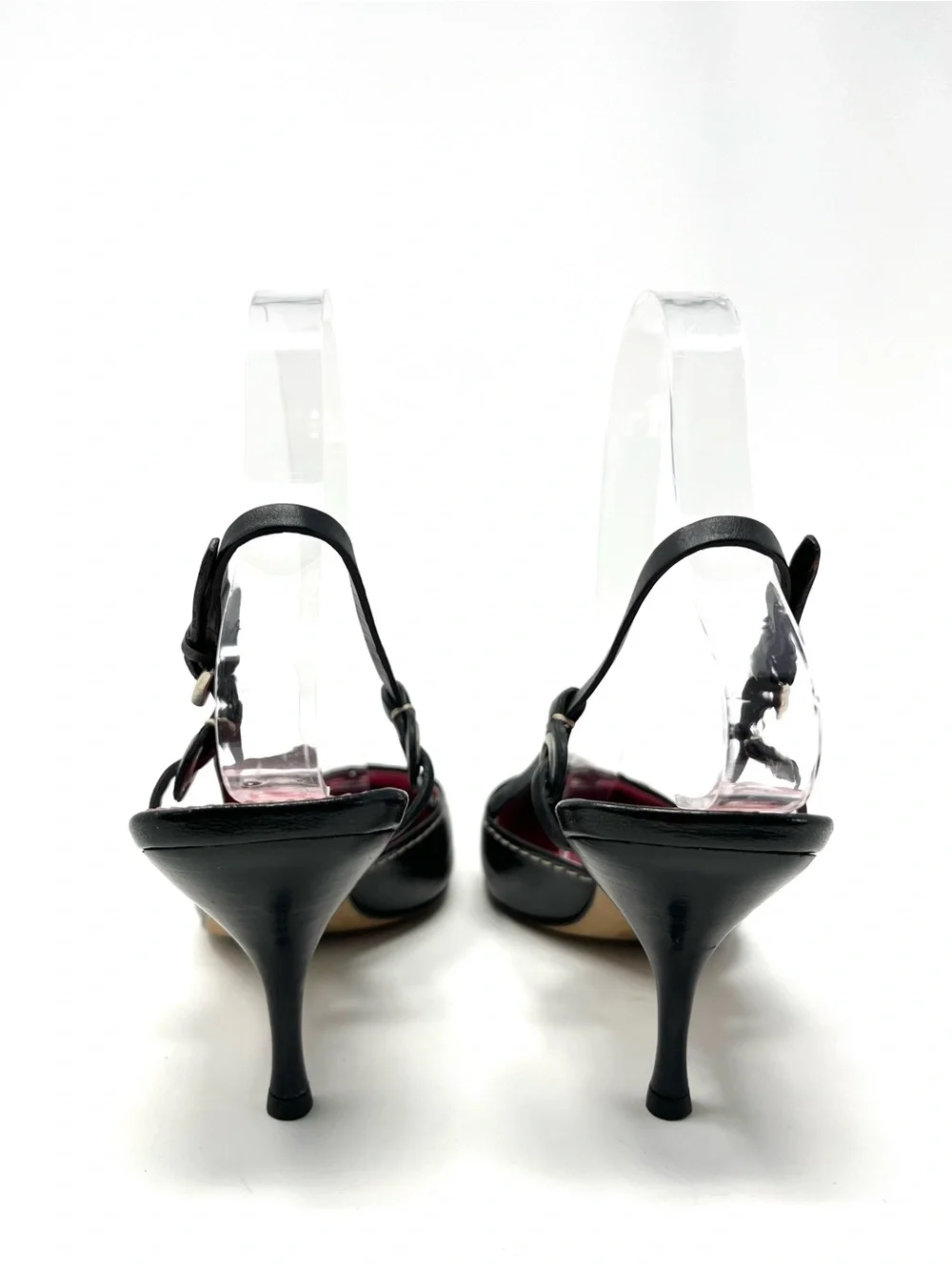 Vintage Prada 90s Black Leather Pointed Toe Grommet Slingback Kitten Heels 37.5 - Picture 7 of 10